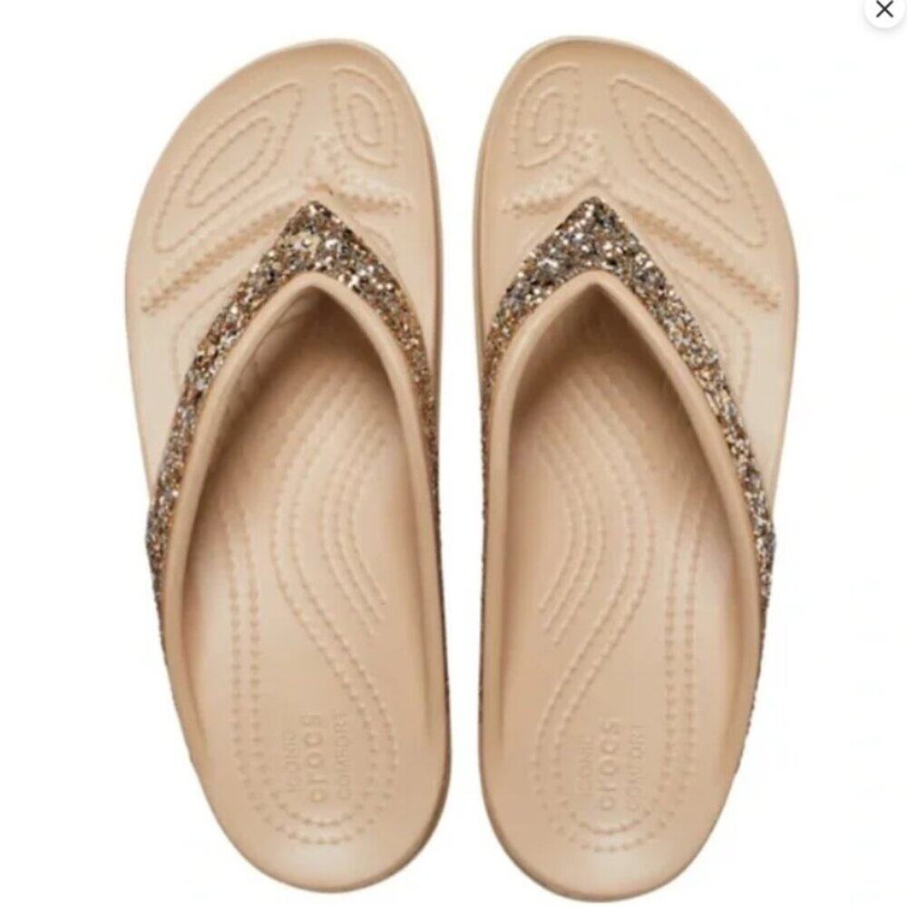 NWT Crocs Women Sloane Glitter Flip Flops Tan/Gold Shimmer comfy platform size 9 - Picture 2 of 14